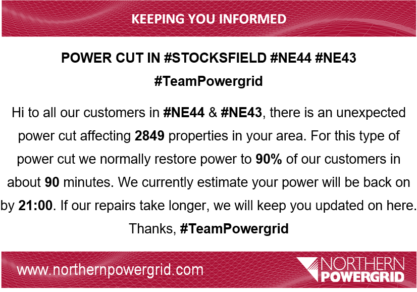 Northpowergrid's tweet photo. POWER CUT IN #STOCKSFIELD #NE44 #NE43 #TeamPowergrid https://t.co/047YSPmwFp