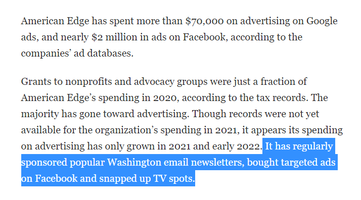 'Grants to nonprofits and advocacy groups were just a fraction of [Facebook-funded] American Edge’s spending in 2020, according to the tax records. 

The majority has gone toward advertising.'

#DeleteFacebook 
washingtonpost.com/technology/202…