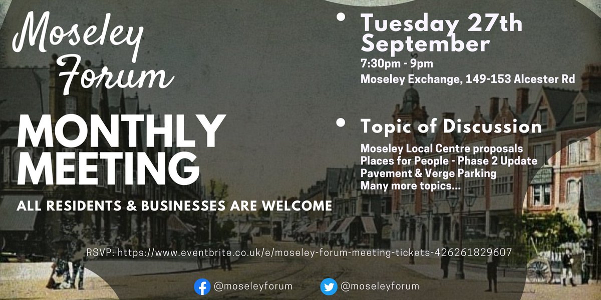 Moseley Forum (@moseleyforum) on Twitter photo Hi all,
<a href="/moseleyforum/">Moseley Forum</a> are back meeting next week Tues 27th. All residents & businesses are welcome to join.
As always lots to discuss on the agenda. The meeting will be held in person at the <a href="/MoseleyExchange/">The Moseley Exchange</a>. We will be joined by <a href="/bhamconnected/">Birmingham Connected</a> Officers & our local Cllrs ⬇️ Hi all,
<a href="/moseleyforum/">Moseley Forum</a> are back meeting next week Tues 27th. All residents & businesses are welcome to join.
As always lots to discuss on the agenda. The meeting will be held in person at the <a href="/MoseleyExchange/">The Moseley Exchange</a>. We will be joined by <a href="/bhamconnected/">Birmingham Connected</a> Officers & our local Cllrs ⬇️