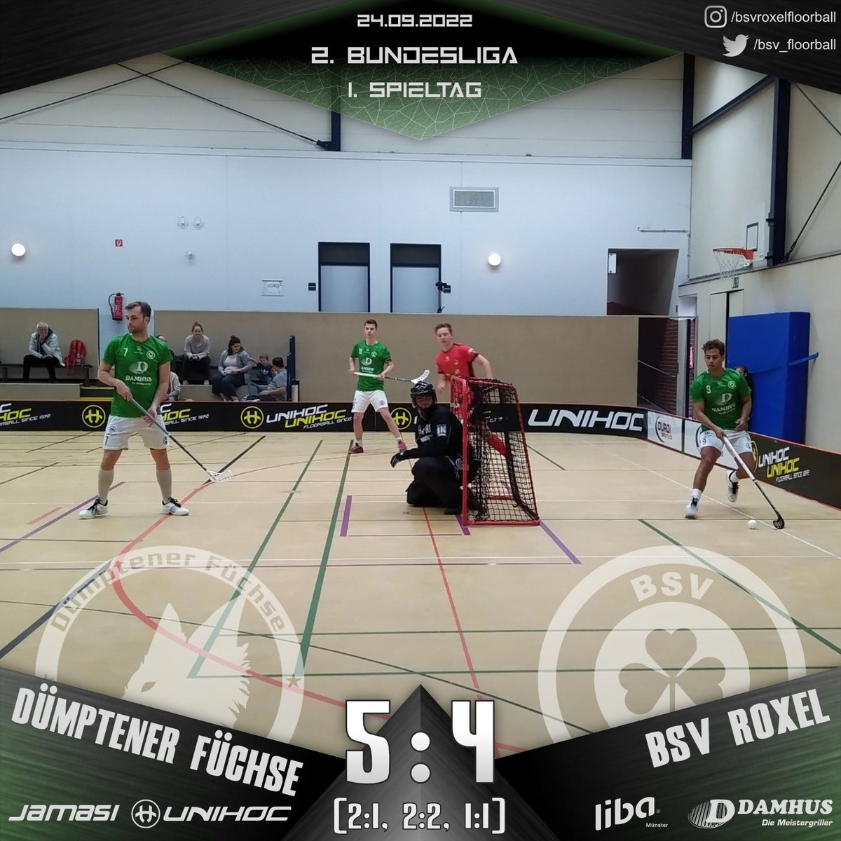 bsv_floorball's tweet photo. Wie im letzten Jahr ein knappes Spiel in Dümpten. In einem von 2 kämpferischen Mannschaften und strittigen Entscheidungen geprägten Spiel ziehen wir leider den Kürzeren. Da wäre mehr drin gewesen.
#Floorball #2FBL #DPFROX #Jamasi #Unihoc #Damhus #liba https://t.co/oWqaHJpT3J