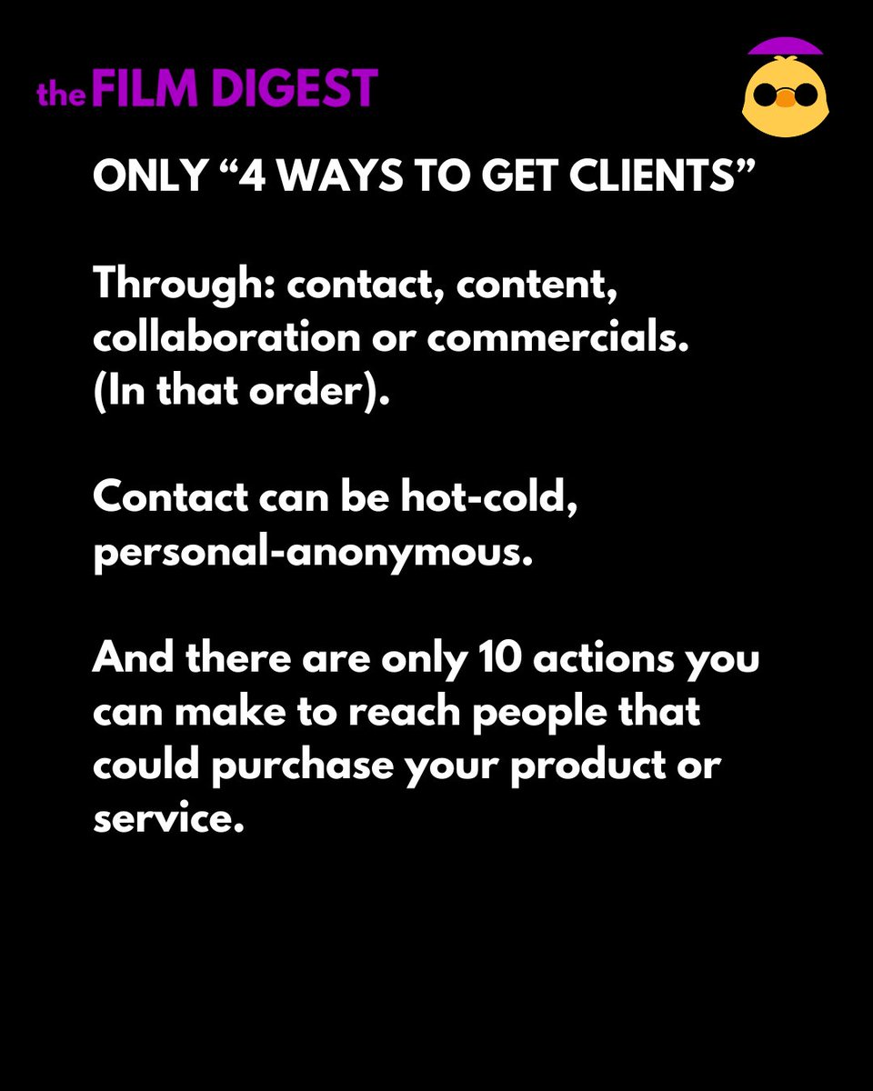 ectaymech's tweet photo. Only “4 Ways to Get Clients”
Through: contact, content, collaboration or commercials.
(In that order).

And there are only 10 actions you can make to reach clients.

These are some of the thoughts I’ve been working on.
If anyone interested, can expand a little more. https://t.co/va8radiDUu