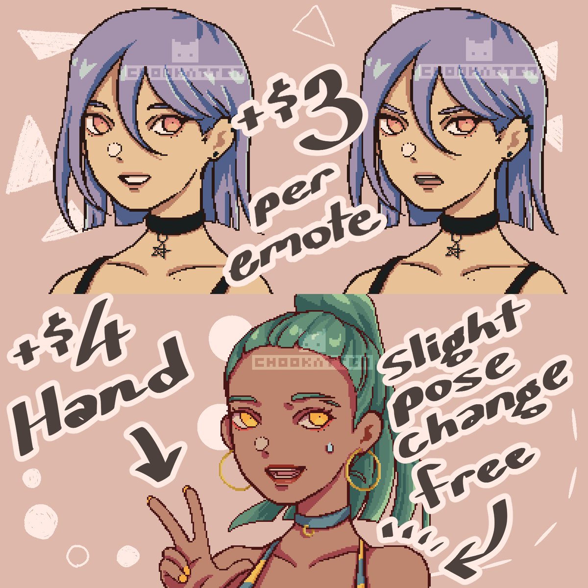 ChooKatten's tweet photo. ✤ COMMISSIONS OPEN ✤
COLORED PIXEL PORTRAITS
RTs 💙

$15 USD for one portrait
+$3 USD per variant of the same portrait in a different expression
+$4 USD per hand requested
**You will not be charged if the same hand is used for multiple of your portraits

https://t.co/sMWTqobuA8 https://t.co/JgEUi7yO71