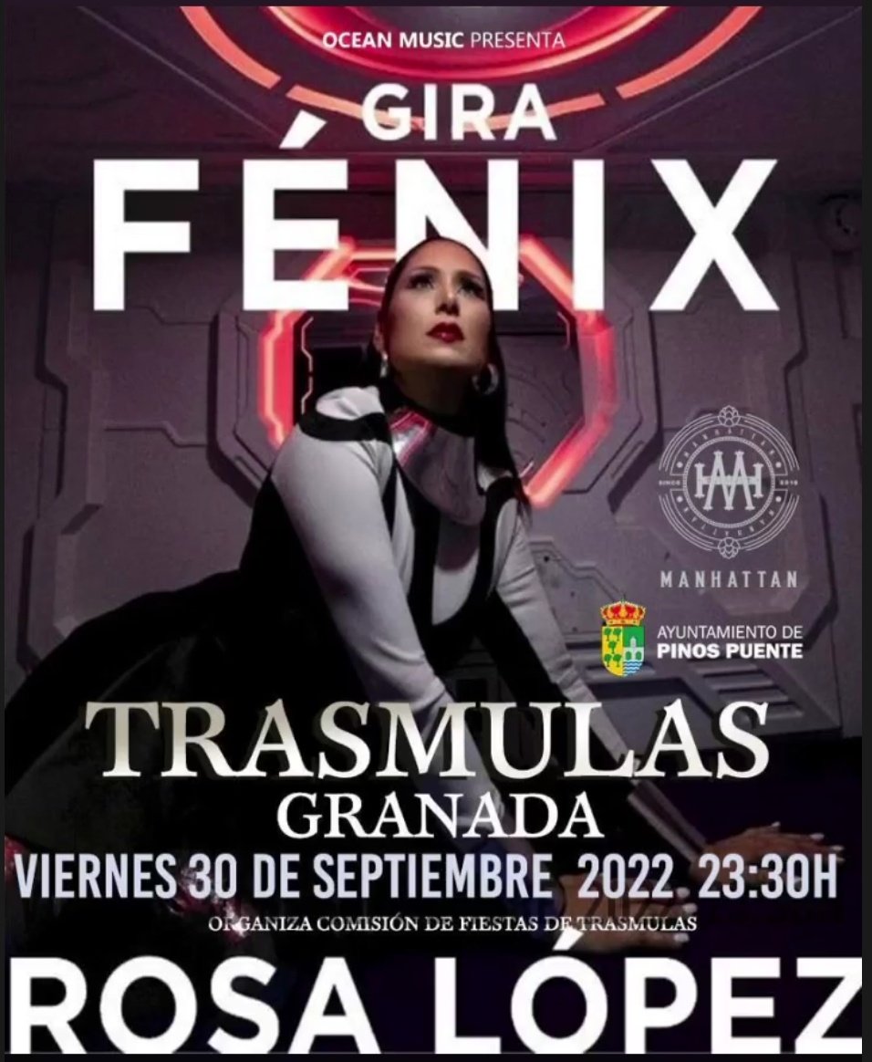 NewsRosaLopez's tweet photo. 🔻ROSA LÓPEZ EN CONCIERTO🔻
El próximo viernes, 30 de septiembre, #Granada recibe a @RosaLopez en concierto como parte de su #GiraFénix 2022.
🕦23:30h
📍Caseta municipal, #Trasmulas
🎫Acceso gratuito.
@AytoPinosPuente @groupoceanmusic
#Andalucia #PinosPuente https://t.co/fIFY3dkl1C