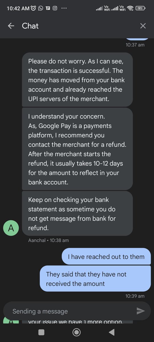 larissapinto21's tweet photo. After which we had a chat with @GooglePayIndia support. They also confirmed amount was received by @amazonIN (check pic). We called the amazon customer care again. We went back and forth with bogus claims and false promises, there were times the customer care hung up on us...4/5 https://t.co/HNjuxuZLGN
