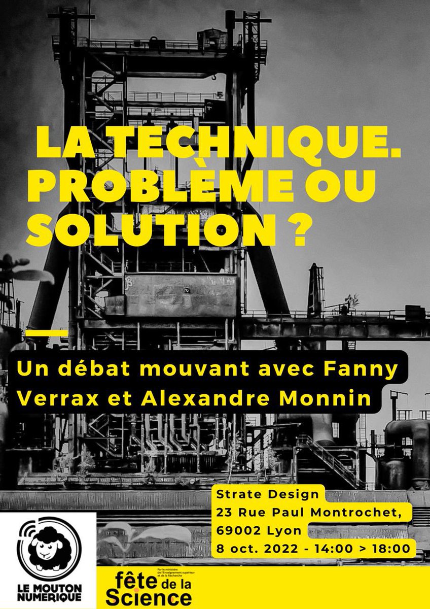 MoutonNumerique's tweet photo. AVIS AUX MOUTONS LYONNAIS
le 8 oct. le Mouton sera à la @StrateDesign de Lyon pour la @Fetedelascience avec @FVerrax et @aamonnz 🔥🐑
Ce sera notamment l'occasion d'interroger notre rapport à la technique et nos capacités de renoncement... ! https://t.co/gDIMoafz4F