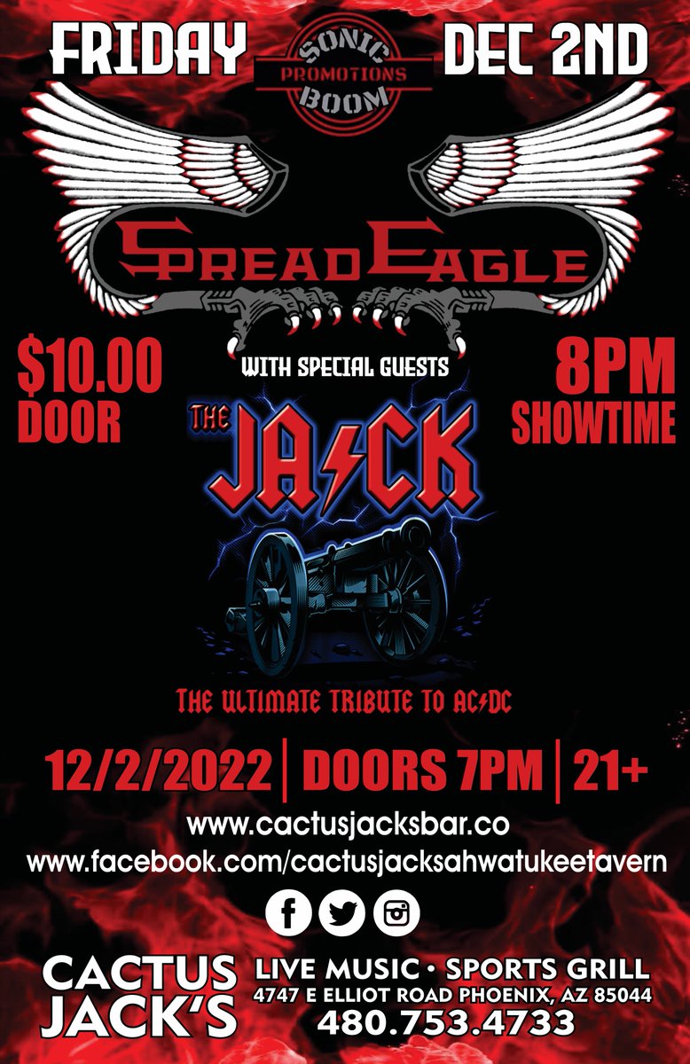 spreadeaglenyc's tweet photo. ARIZONA SpreadHeads! SPREAD EAGLE is coming to Phoenix! Friday Dec 2 at Cactus Jack's Ahwatukee Tavern with The Jack. Presented by Sonic Boom. #spreadeagle #raywest #zivshalev #ErnieBall https://t.co/jHWvQVDMQV