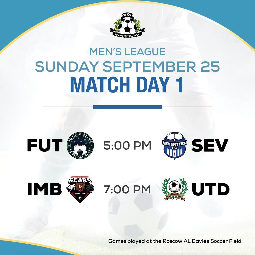 BahamasFootbal1's tweet photo. Today!🔥
Match 1- Mikendy Paul and Future Stars ✨ goes foot to foot with Nesly Prophete and Seventeen FC.
Match 2- Bahamian International veteran Lesly St. Fleur leads the IM Bears 🐻 against up and coming James Saintil and a youthful United FC squad.
#BFAMen #BFA2022 https://t.co/9qF7PsH3Fg