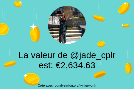 jade_cplr's tweet photo. Mon twitter vaut: €2,634.63

Trouvez le vôtre avec https://t.co/K5yuUEDHn4

⠀ https://t.co/v2i2L8K2br