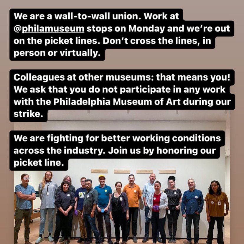 PhillyCWU's tweet photo. We are wall-to-wall union @philamuseum. Strike starts Monday and the picket lines go up

Picket line means: DO NOT CROSS

Museum colleagues, artists, speakers, art shippers: do not cross our picket line. @AtelierFas @Crozierfinearts @Masterpieceintl @BonsaiFineArts @maquettefas https://t.co/wdF2u86B7d