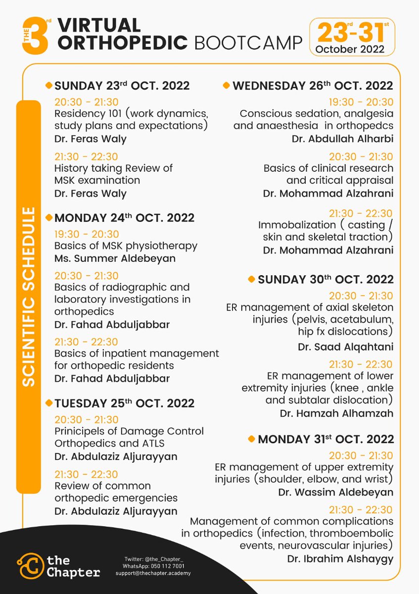 كل ما يخص النهج الموجه بالبراهين لإدارة الألم لدي مرضى العظام وإدارة حالات الطوارئ العظمية.

هذا وأكثر بدورة:
The 3rd Virtual Orthopedic Surgery Bootcamp

كل ما يجب على الأطباء المقيمين معرفته في بداية مشوارهم المهني، وللمهتمين من الطلاب وأطباء الامتياز

🎯bit.ly/3LEQ3od
