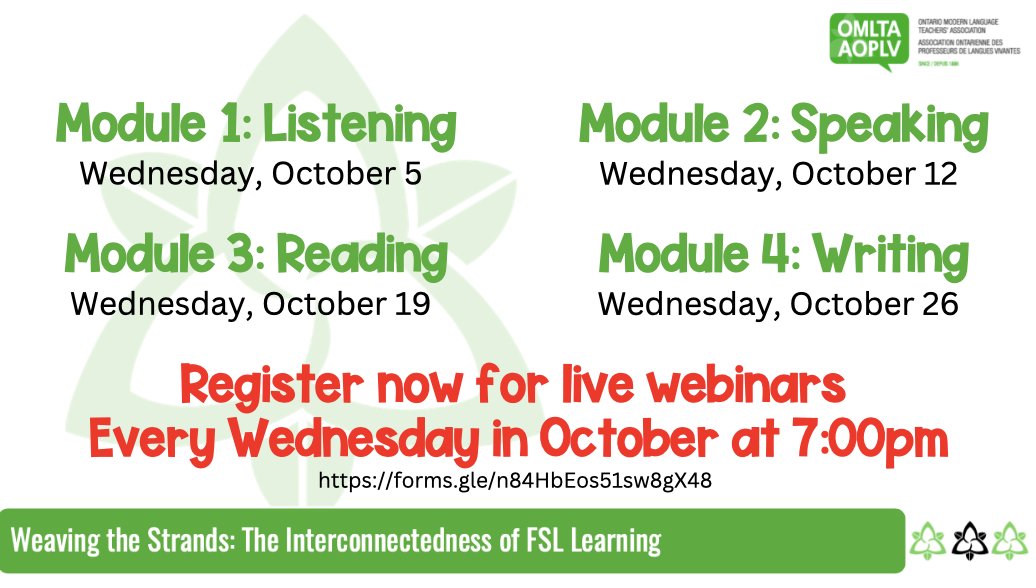The OMLTA/AOPLV, in partnership with the Modern Languages Council and the Ministry of Education are pleased to present Weaving the Strands: The Interconnectedness of FSL Learning. Join us this October for live webinars to learn more. Register Now!
forms.gle/rARDp9MC9T83Ae…