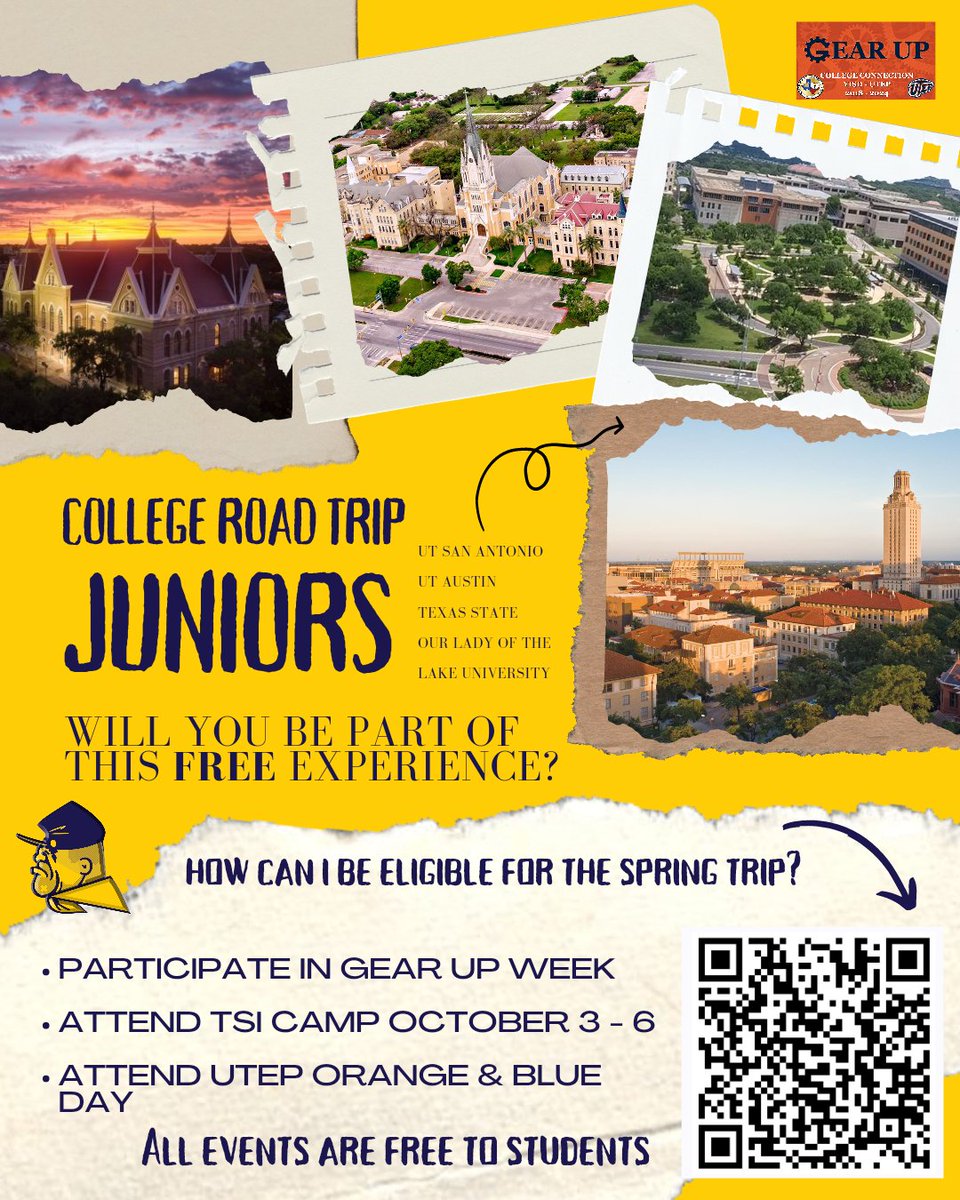 TrooperGoCenter's tweet photo. Juniors!! It is officially GearUp Week!

Make sure to join Mr. Arredondo, our GearUp Coordinator in all scheduled events. 

Remember that participating in events, including the TSI camp next week will make you eligible for future #CollegeRoadTrips

@EHSClassOf24 | @EastwoodHQ https://t.co/ee19O6Nyvf