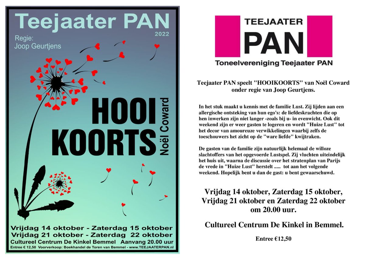 teejaaterpan's tweet photo. Op 14, 15, 21 en 22 oktober speelt PAN 'Hooikoorts' in De Kinkel in Bemmel. Koop je kaartje op https://t.co/OtM9O4Ks2Z https://t.co/wd6NtuE6GU
