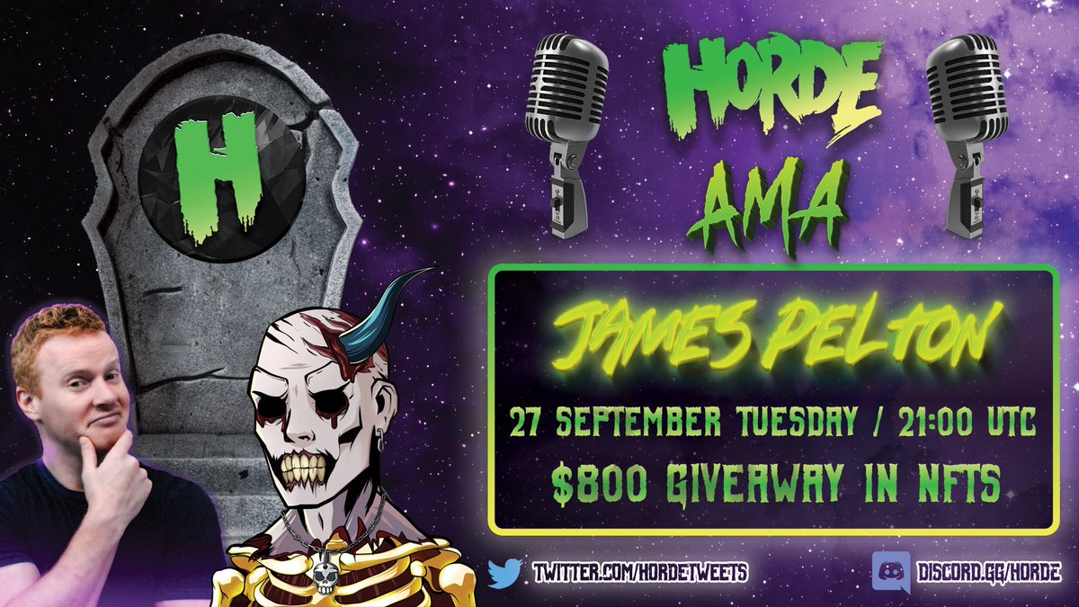 Horde Official (@hordetweets) on Twitter photo Join us for an #AMA with <a href="/JamesPelton18/">James Pelton</a> to talk all about #HORDE and our #TBAAS #NFT launch! 🤖
When? 27th September 21:00 UTC
$800 of #NFTs will be handed out 💰
Retweet/comment on this tweet and make sure to tune in to be up for winning a $HORDE #tradingbot #NFT 🧟♂️ Join us for an #AMA with <a href="/JamesPelton18/">James Pelton</a> to talk all about #HORDE and our #TBAAS #NFT launch! 🤖
When? 27th September 21:00 UTC
$800 of #NFTs will be handed out 💰
Retweet/comment on this tweet and make sure to tune in to be up for winning a $HORDE #tradingbot #NFT 🧟♂️