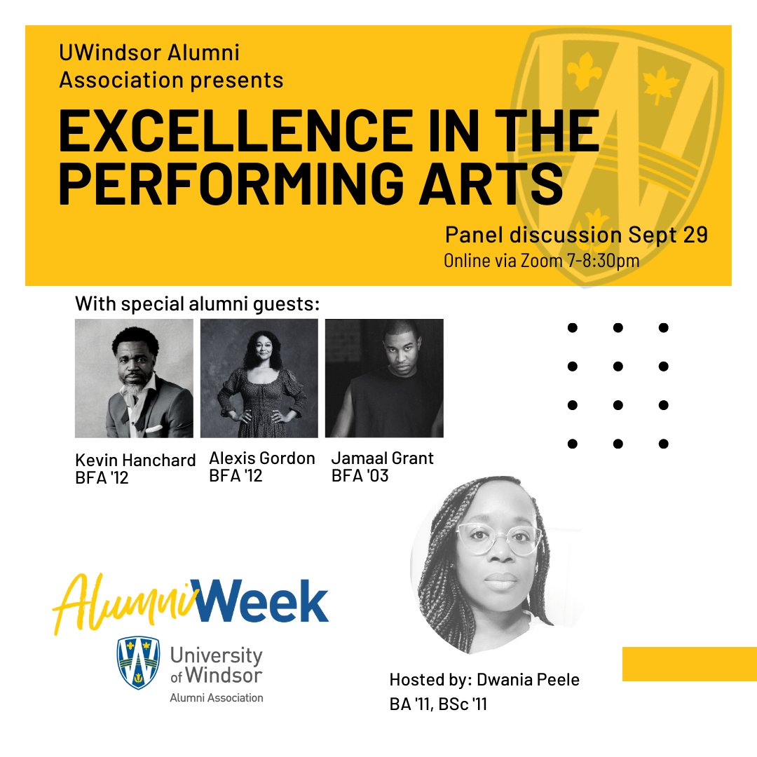 Join us at 7pm on Sept. 29 for Excellence in the Performing Arts - Online Panel Discussion, featuring special alumni guests Jamaal Grant,  @AlexisLGordon and <a href="/KevinHanchard/">Kevin Hanchard</a> , hosted by <a href="/DwaniaP/">Dwania Peele</a> .

Learn more and register now: ow.ly/nQFi50KSnV2