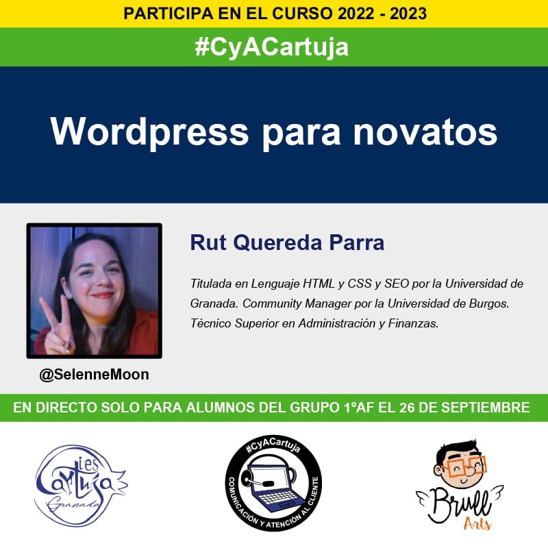 Y mañana contaremos con la primera profesional del curso en #CyACartuja

Y el #Blog será el protagonista, una herramienta fantástica para comunicar con <a href="/SelenneMoon/">Selenne Moon</a> crearemos uno para poder escribir y visibilizar nuestro contenido #WordPress
¡No te lo pierdas!

#FP <a href="/fp_empresa/">FPEmpresa</a>