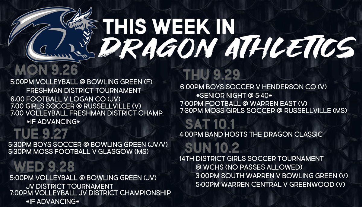 This week in Dragon Athletics.
<a href="/WCVolleyballFam/">WCHS Volleyball</a> <a href="/WCLadyDragons1/">WCHS Lady Dragons Soccer</a> <a href="/WCDragon_Soccer/">Warren Central HS Boys Soccer</a> <a href="/WC_Dragons/">Warren Central High School</a>