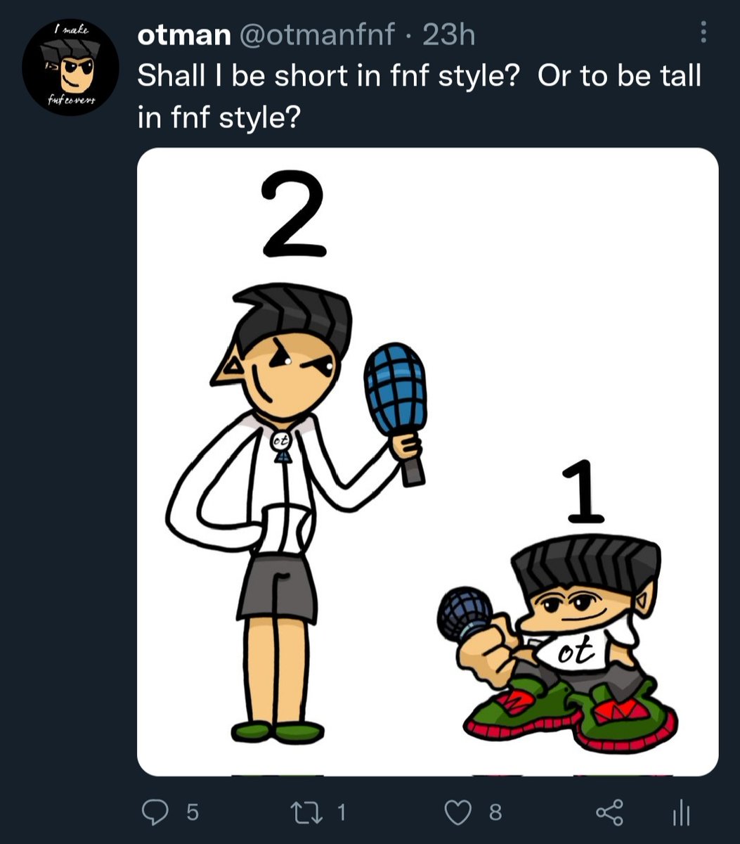 otmanfnf's tweet photo. As you told me, I must be tall in fnf style. I decided to improve myself a little bit in fnf style. By the way, what do you think of number three? https://t.co/HCfSzDb3IY
