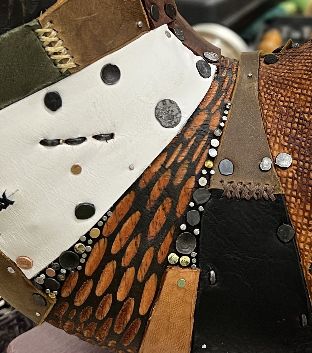 bladesworkshop's tweet photo. More of the neon green got covered today. Ignore the white leather it’s getting ripped off tomorrow. #art #artist #gradschool #gradstudent #MFA #ua #universityofalabama #sculpture #metal #wood #craft #ceramic #occult #pagan #icon #materials #form #formalism #texture #surface https://t.co/Hx8C8eUz4U
