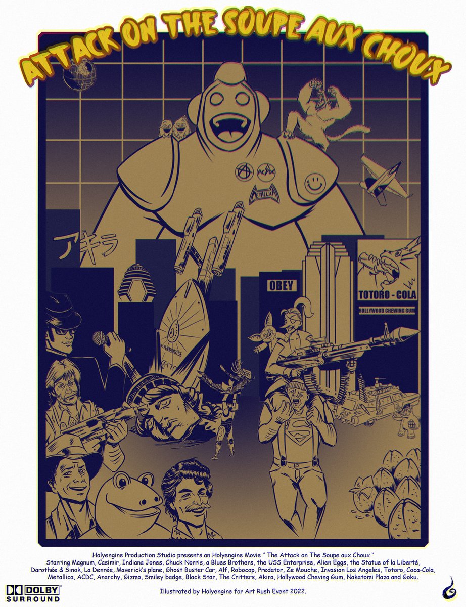 Holyengine's tweet photo. Ma proposition pour l'event @ArtRushEvent 2022,
Thème: Les Années 80 !
"Attack On The Soupe Aux Choux"
VOD dispos sur ma chaîne #twitch 

#80s #event #art #twitchstreamer #illustration #MoviePoster #clubdorothée #gremlins #Goku #lasoupeauxchoux #poster https://t.co/hgz7eNqTVG