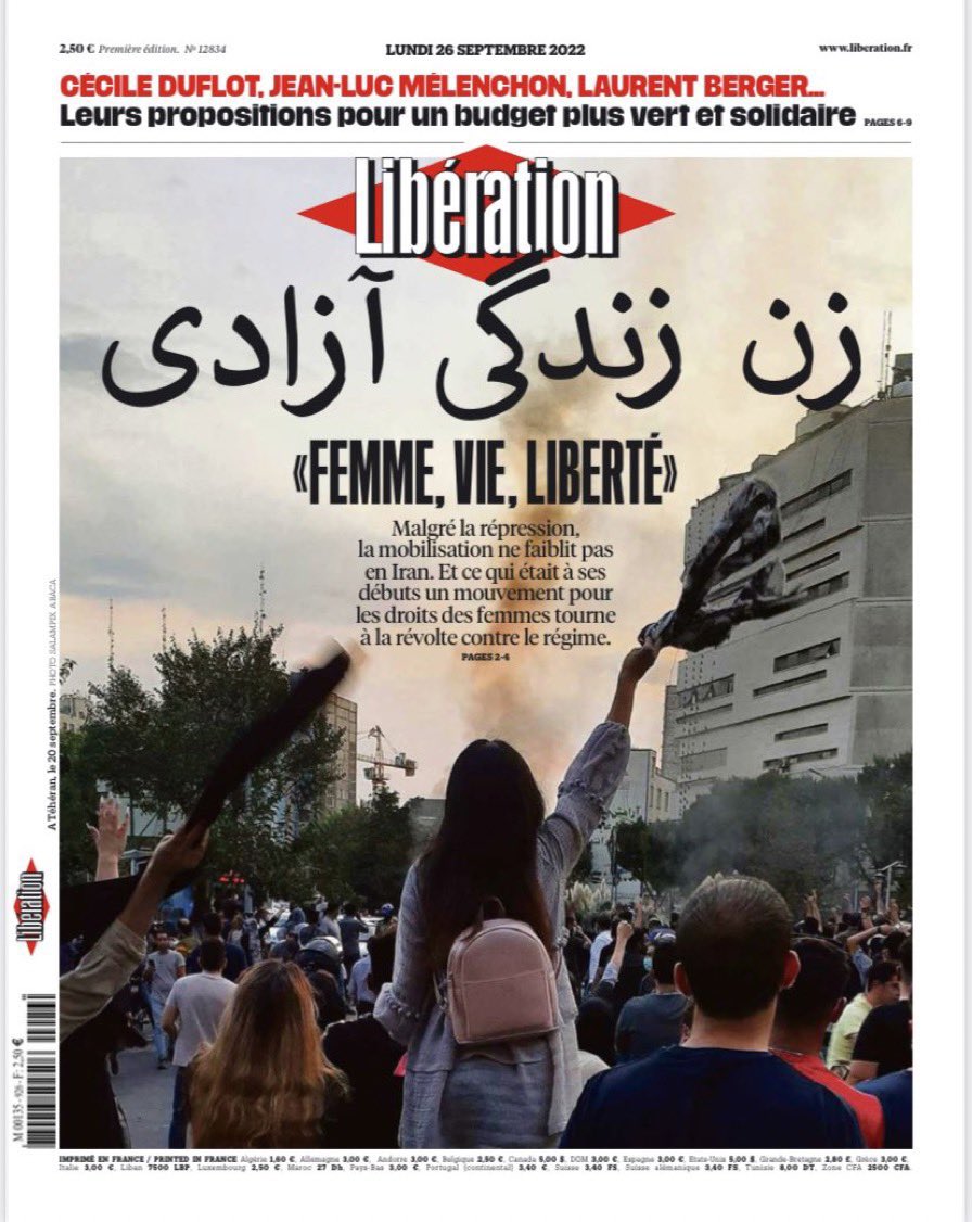 CPoilbout's tweet image. Tout l’#Iran chante « Femme, Vie, Liberté ».
Merci @libe 
#MahsaAmini