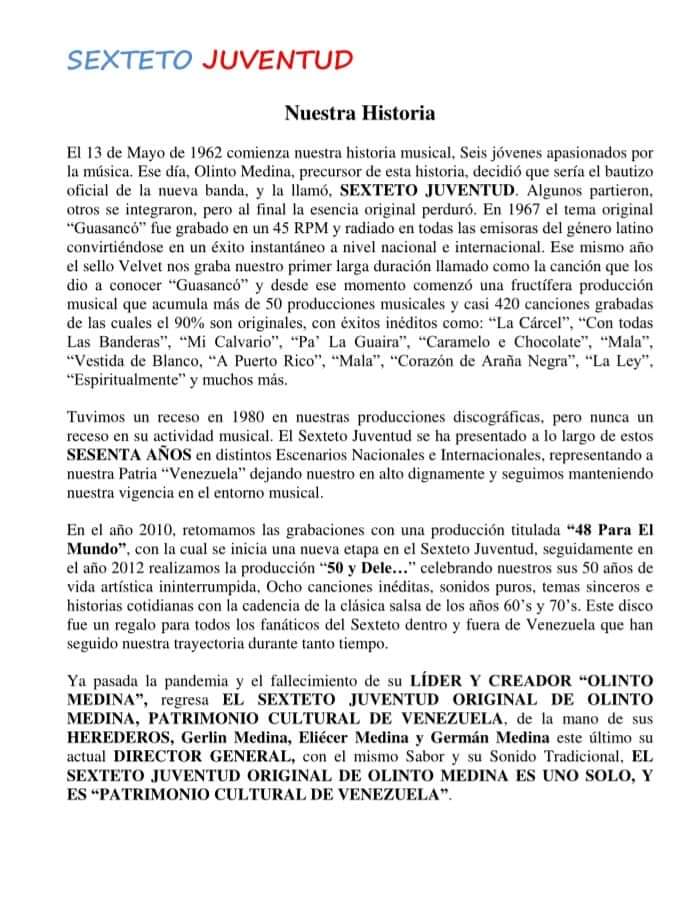 SextetoJuventud's tweet photo. La Familia Medina y los Herederos de Olinto Medina Creador y Fundador del Sexteto Juventud Patrimonio Cultural de Venezuela quiere denunciar el Plagio indiscriminado de nuestra agrupación en Colombia y se hacen llamar "Llegó el Sexteto Juventud". DILE NO AL PLAGIO. https://t.co/OELF6evQpf
