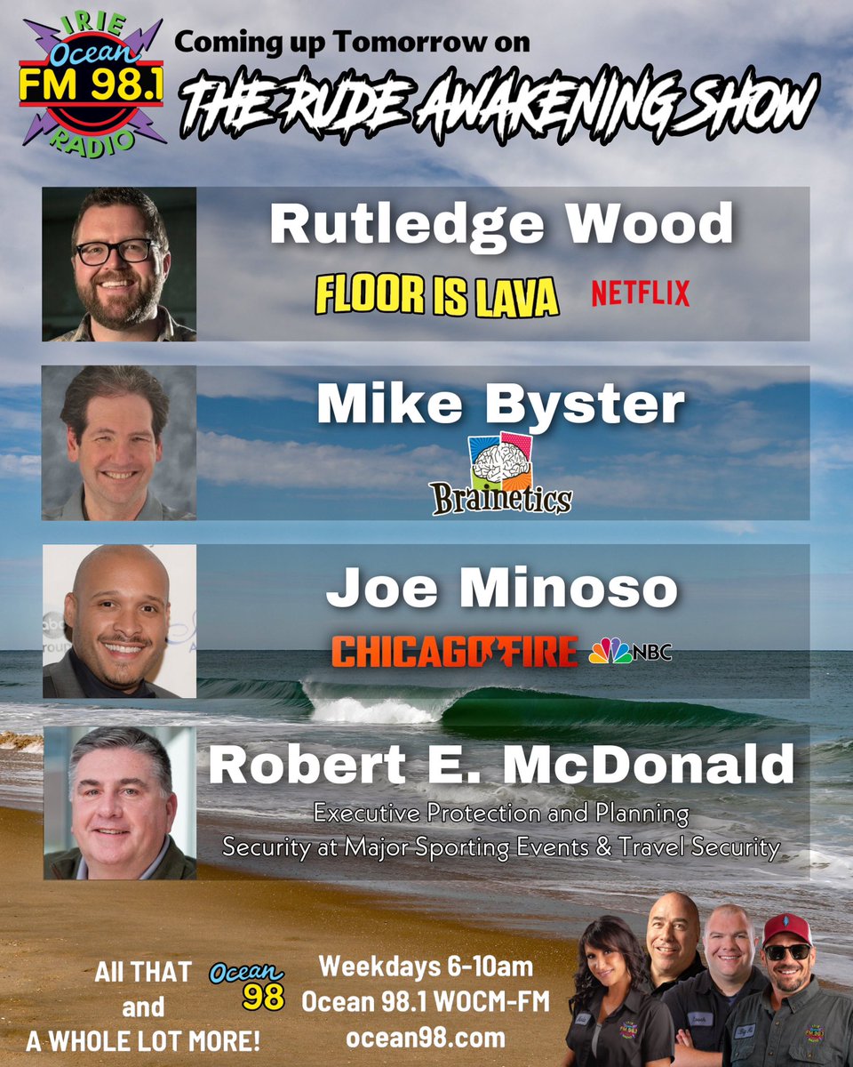 Ocean98WOCM's tweet photo. Coming up tomorrow morning! https://t.co/nA1za8XU0P 
#ocean98 #ocmd #enjoyocmd #bulldogsrudeawakeningshow
#thankyouforlistening
#thecarstoremdde #thetruckstoremdde #robertmcdonald #joeminoso #chicagofire #nbc #mikebyster #brainetics #rutledgewood #floorislava #netflix https://t.co/j4L6wIIXZi