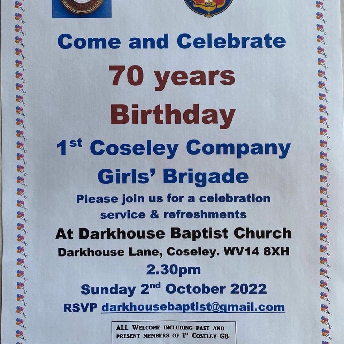 darkhousebap1's tweet photo. 🎉Join the celebration of 70 yrs of Girls Brigade in Coseley with afternoon tea 14:30 on 2/10/23 😊All welcome RSVP. #reunion #friendship @East_Coseley @darkhousebap1 Darkhouse Lane https://t.co/PcHbKXHoTc