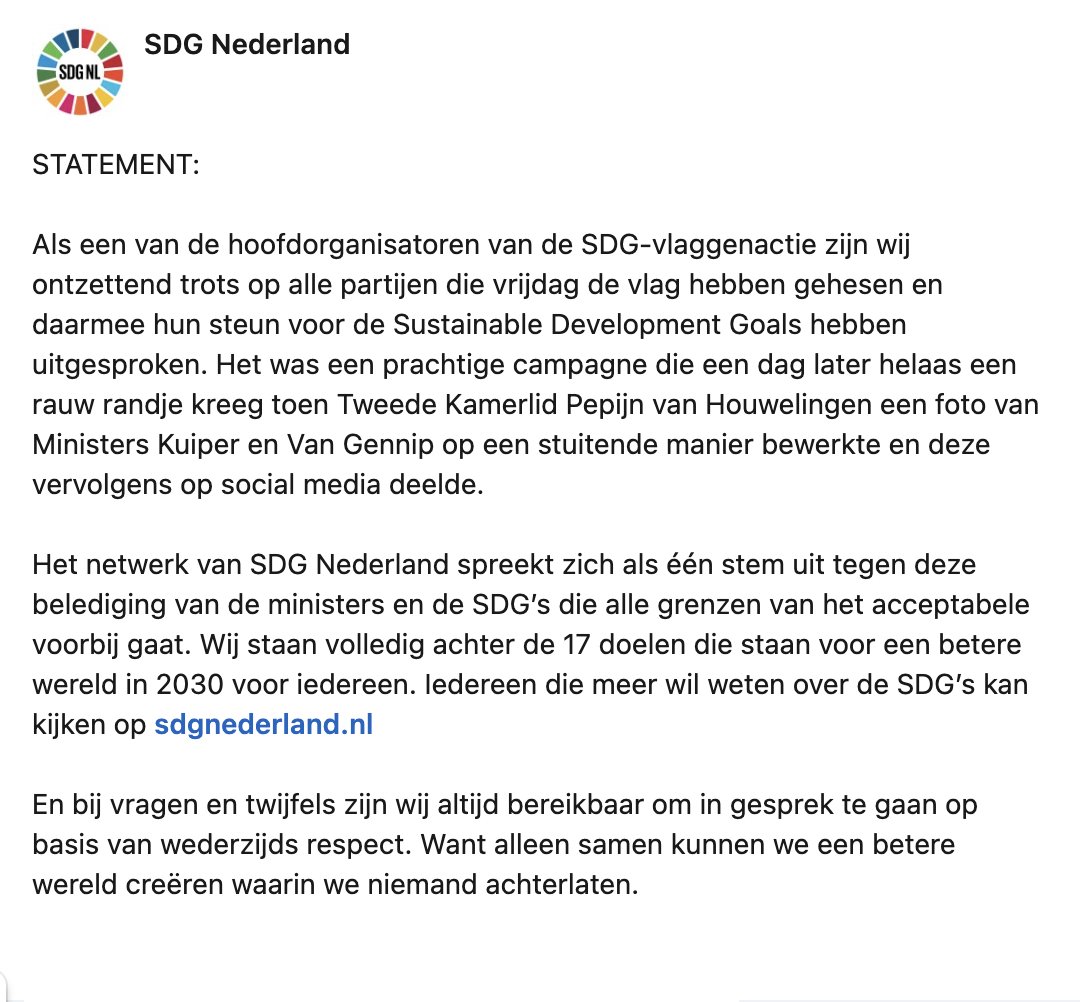 Hier is ons statement naar aanleiding van de ophef die er is ontstaan rondom de SDG-Vlaggenactie en <a href="/ministerVWS/">Jan Anthonie Bruijn</a> en <a href="/karienvangennip/">Karien van Gennip</a>