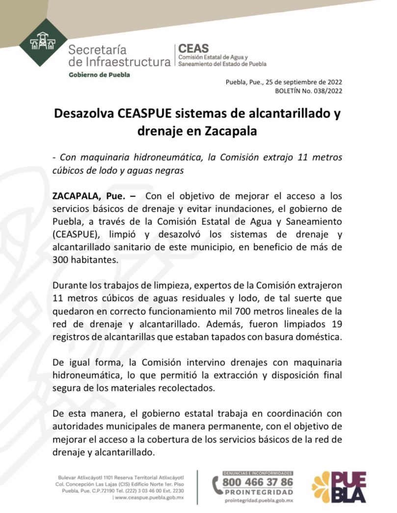 CeasPueOficial's tweet photo. #CEASPUEInforma | El @Gob_Puebla desazolva sistemas de alcantarillado y drenaje en #Zacapala.
Con el objetivo de mejorar el acceso a los servicios básicos de drenaje y evitar inundaciones, la Comisión ocupó maquinaria hidroneumática y extrajo 11 metros cúbicos de aguas negras. https://t.co/hd3w3rwchx
