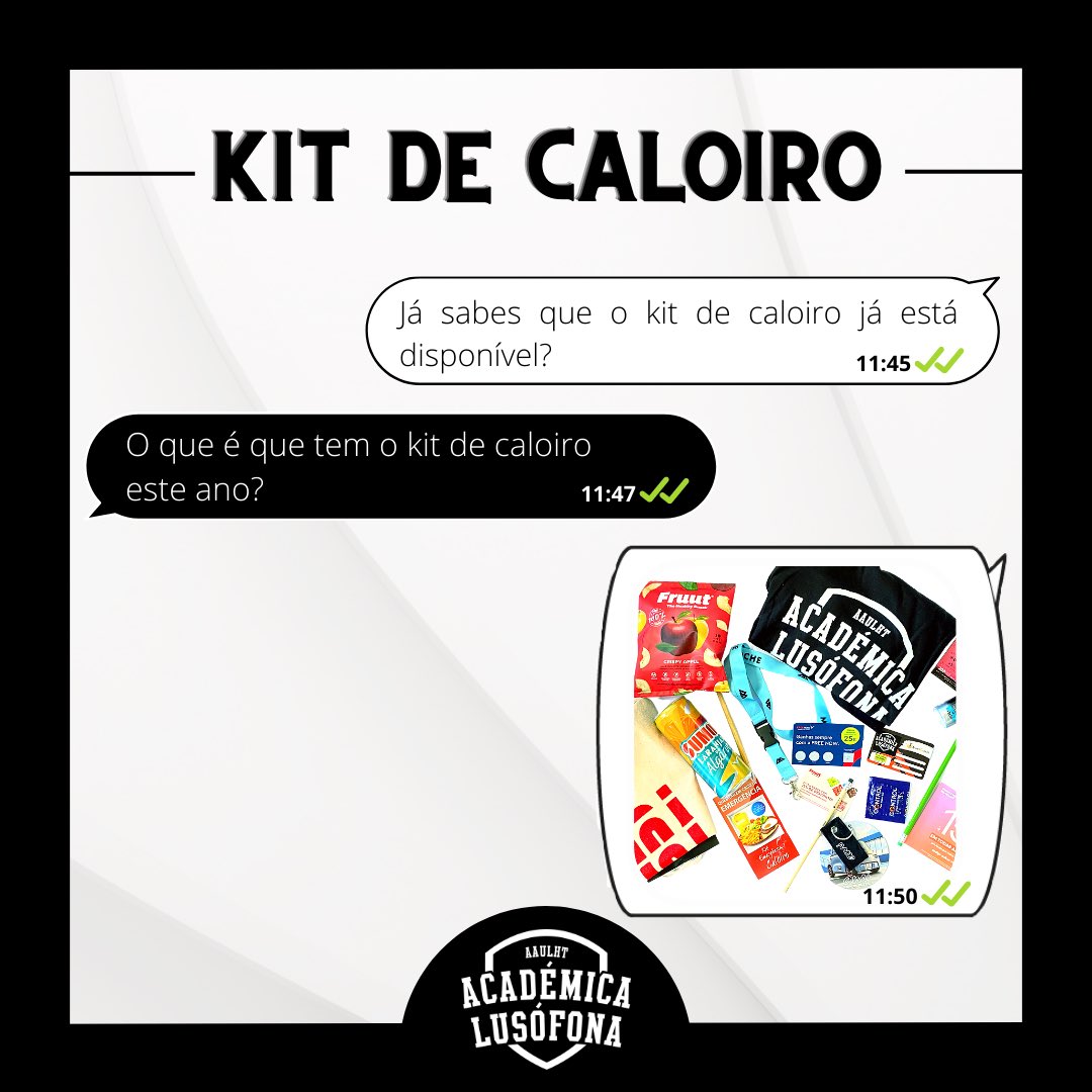 🎓Bem vindos caloiros! 🎓
Para marcar o início desta nova fase temos um kit de caloiro disponível! 🤯
Por apenas 5€ tens direito a uma T-SHIRT da Associação, um totte bag, lápis, vales de descontos,sumo, snack e muitos mais brindes. O pack com o nosso cartão de sócio = 10€!