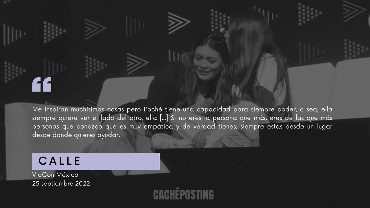cacheposting's tweet image. "Me inspiran muchísimas cosas"
"... siempre estás desde un lugar desde donde quieres ayudar"
- Calle diciéndole a Poché lo que le inspira de ella.

CALLE Y POCHÉ X VIDCON 
#VidConMexico #CYPxVidcon