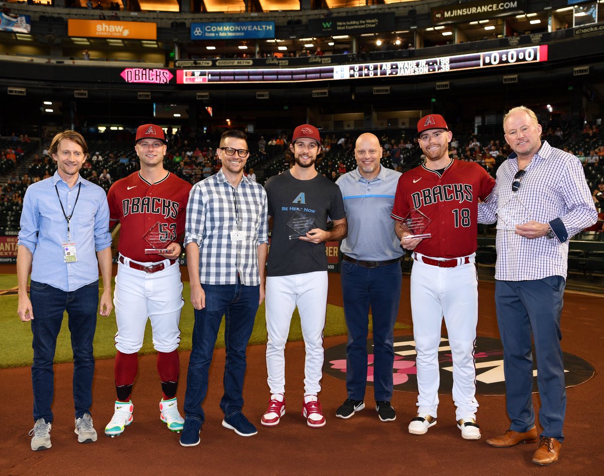 Dbacks's tweet photo. This year’s Arizona @officialBBWAA award recipients:

Most Valuable Player: @CWALK328 
Most Valuable Pitcher: @zacgallen23 
Rookie of the Year: Jake McCarthy
Good Guy Award: @carskelly https://t.co/dbyGbwDGwg