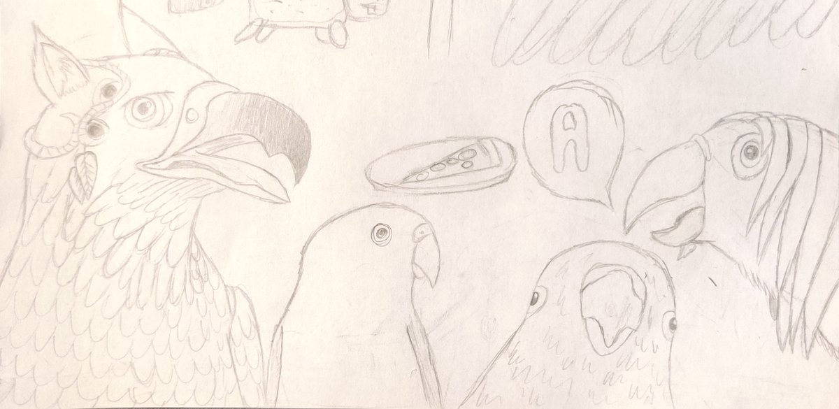 Just a practice drawing. 
from left to right:
Random Gryphon, Random Birb, Gumi-Chan, and me