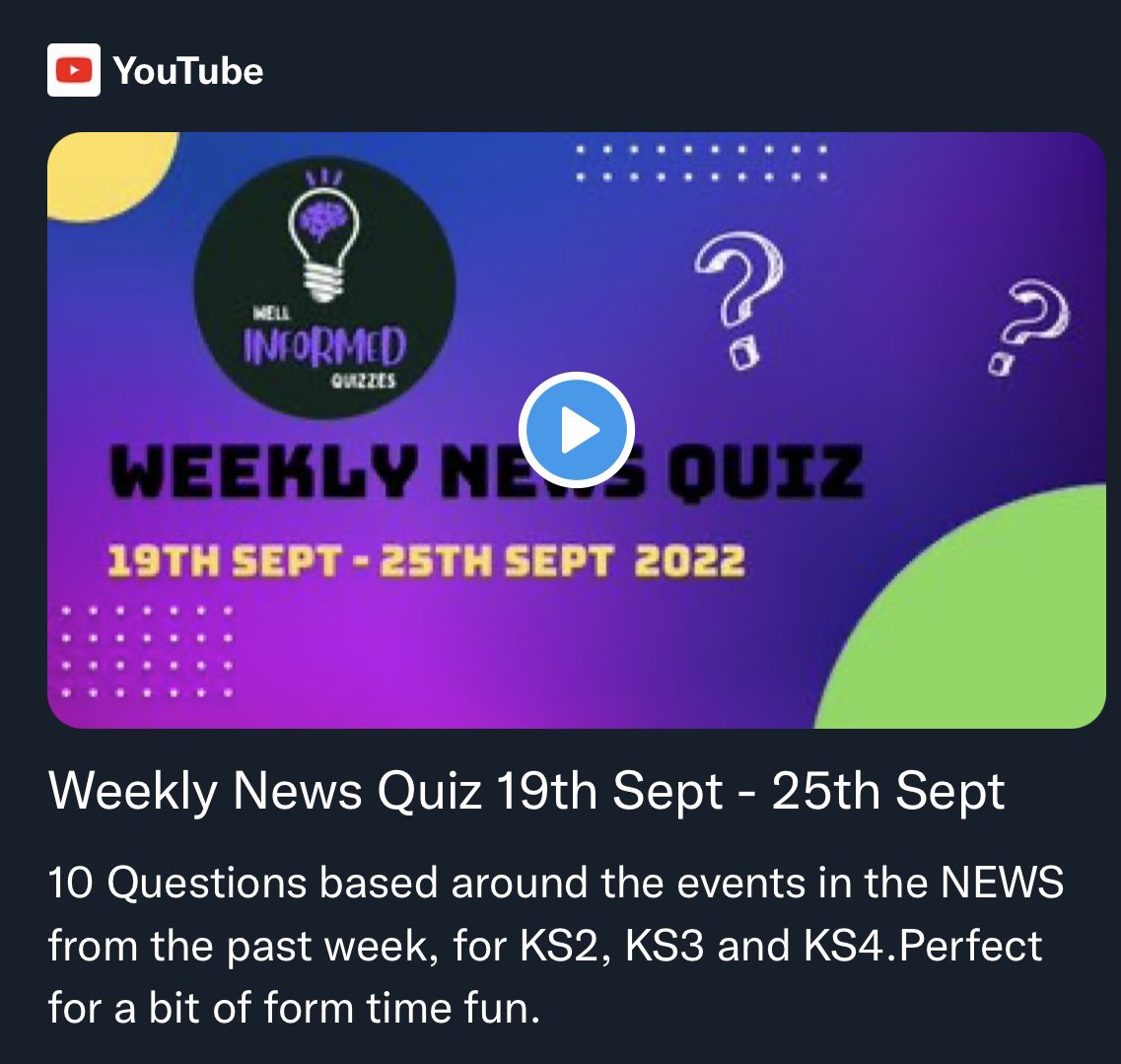 Here’s this weeks

✨WEEKLY NEWS QUIZ ✨

19th - 25th Sept 2022

youtu.be/1iLEIS9n-mQ

#teachers #teacher #teacherchat #newsquiz #news #CPD #headofyear
