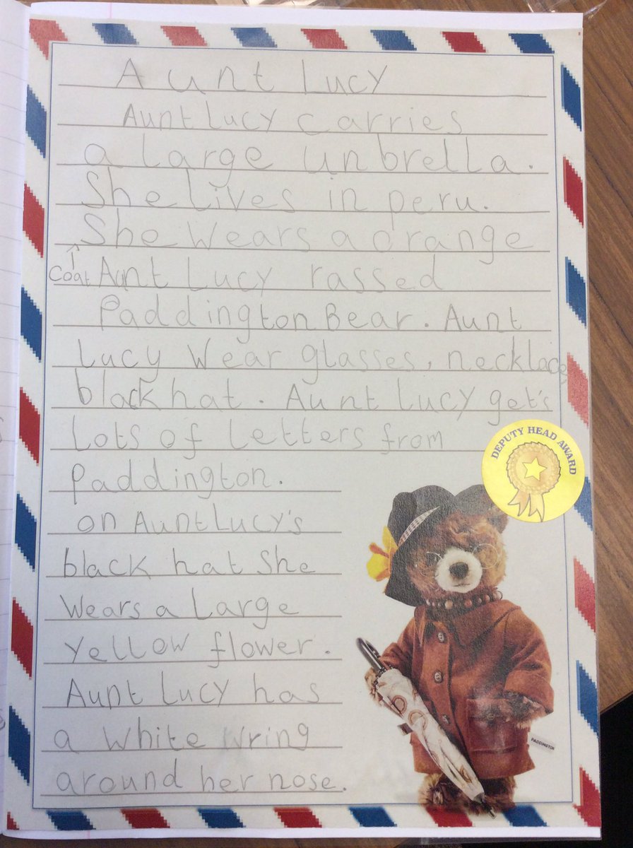 Y2_Vinnies's tweet photo. Year 2s character descriptions for Paddington and Aunt Lucy. Well Done https://t.co/cA8WYdlMrh