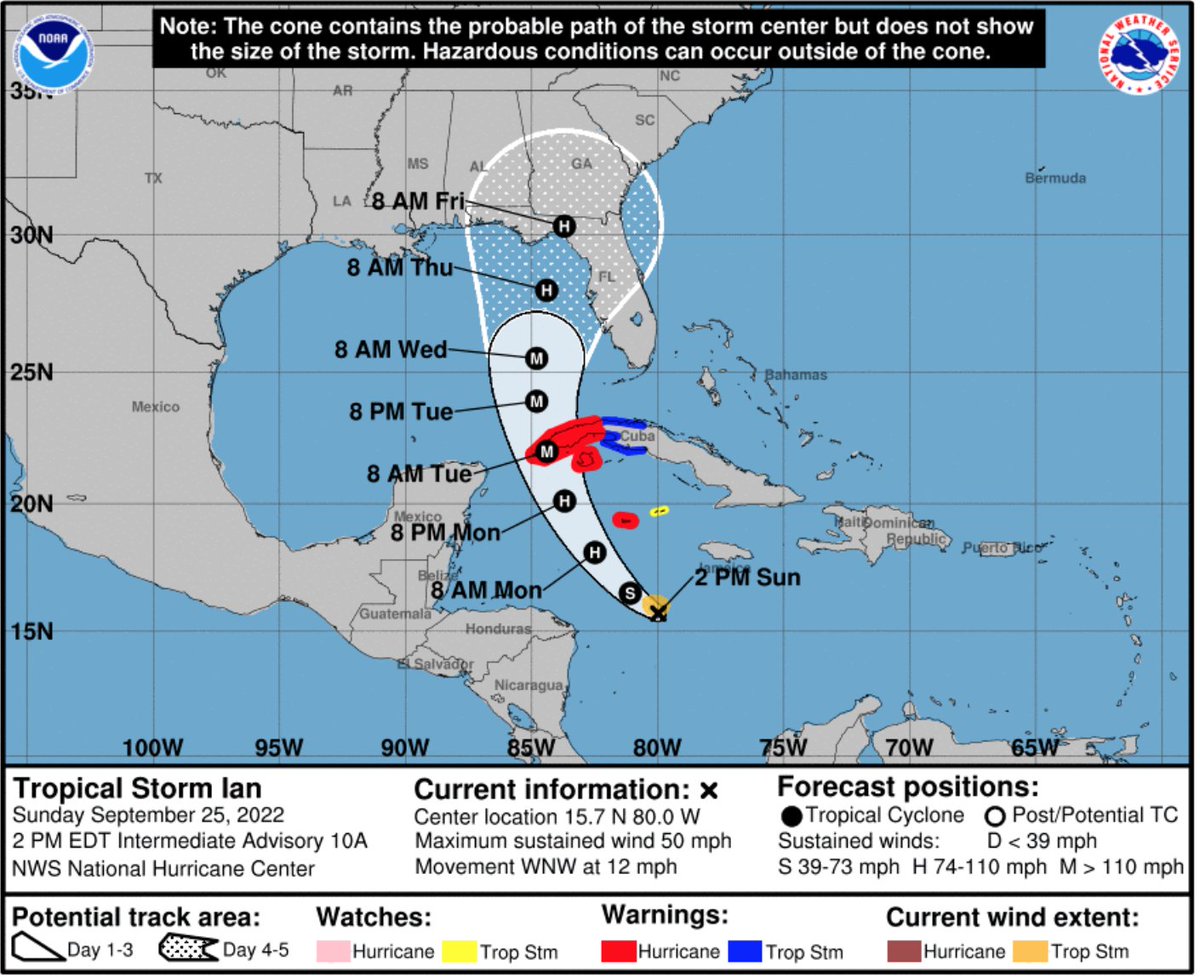 FMITAlert's tweet photo. FMIT Alert Level 3: Moderate - Tropical Storm Ian continues to make its way through Caribbean Sea with wind speeds of 50 MPH moving west-northwest at 12 MPH. Ian is expected become a hurricane tonight or early tomorrow, potentially intensifying into a major hurricane this week. https://t.co/cOTIT7yGMd