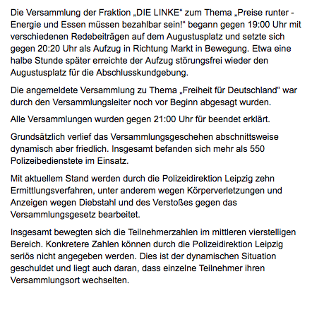 RassismusT's tweet photo. Auch interessant, für #le2309 hat die #Polizei #Leipzig Zahlen wie viele Menschen beim Klimastreik waren, bei #le0509 keine konkreten, die ganzen rechten Aufmärsche der letzten Wochen bekommen gar keine Meldung mehr. Hier letzter Absatz zu #le0509: https://t.co/4MORWj1GuT