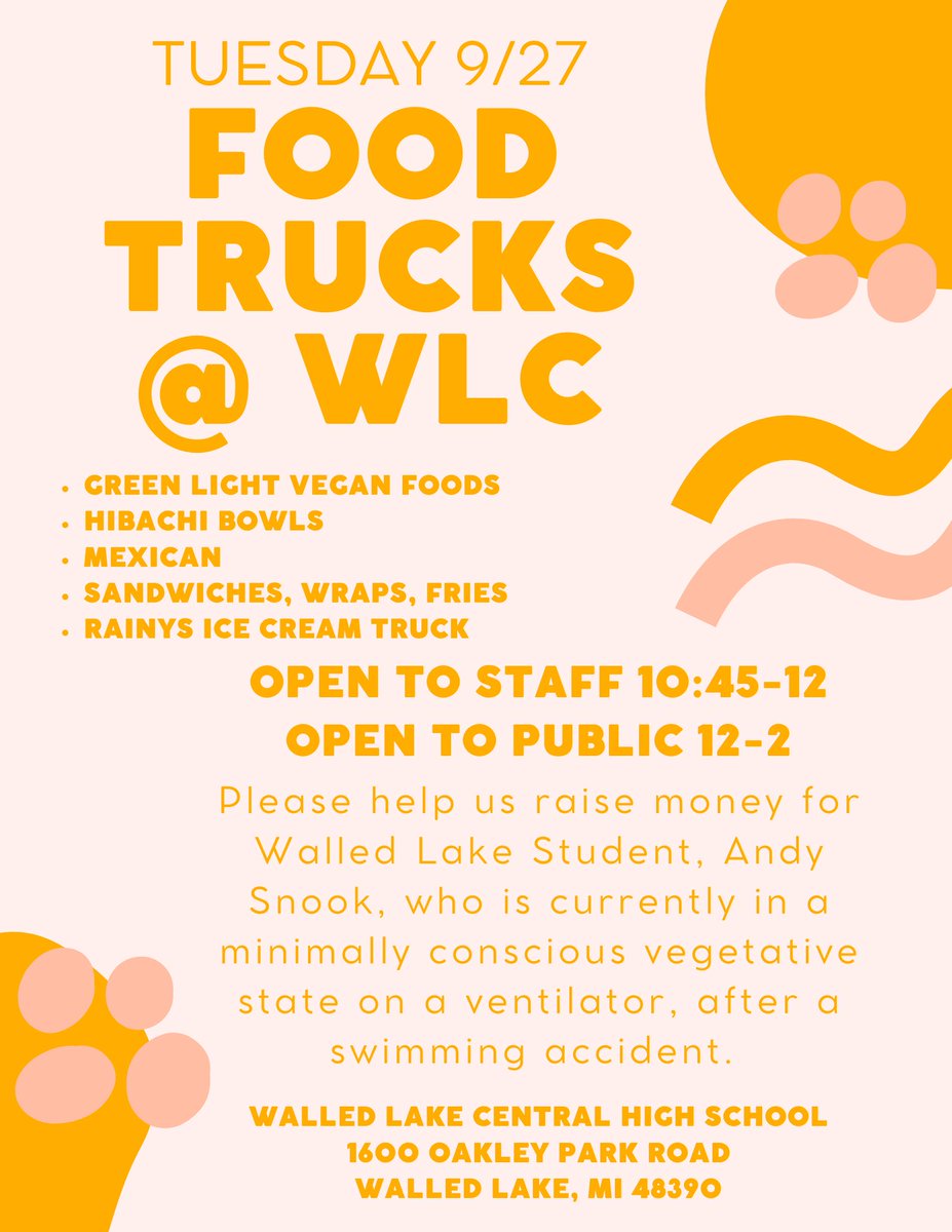 If you’re in the area on Tuesday, please consider stopping by and supporting these food trucks, which will be parked at Walled Lake Central.  These awesome trucks have agreed to donate a portion of their profits to Andy Snook, Walled Lake Student, (info on flyer)
