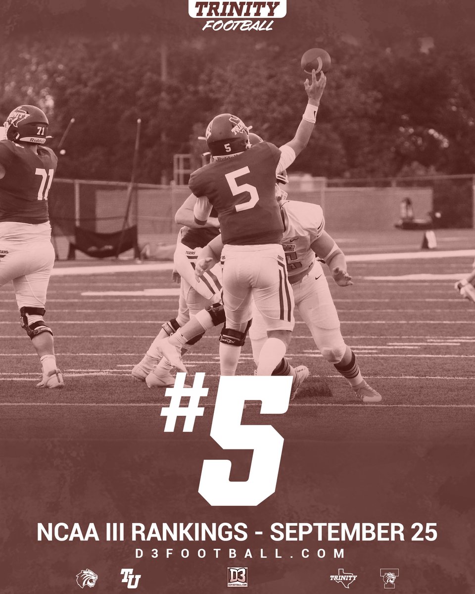 Movin' on up! <a href="/TUFootballTX/">Trinity University Football</a> moves to fifth in the latest <a href="/d3football/">D3football.com</a> poll! #TigerPride