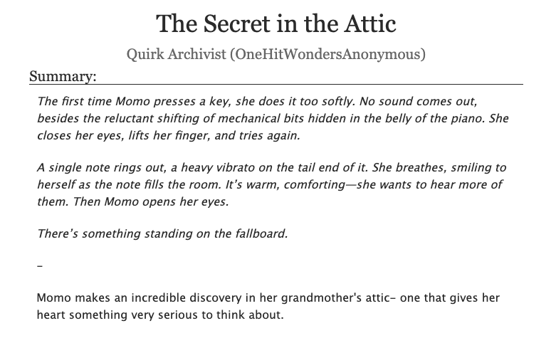 Excited to share with you all my new momojirou piece, The Secret in the Attic! This was a collab with the amazing <a href="/dandelyre/">🏳️‍🌈Dandelyre💗💜💙</a> through the <a href="/BNHAWLWBang/">Violet Garden: A BNHA WLW Bang</a>, and I'll link to the art below. Check out the fic here: archiveofourown.org/works/41921571