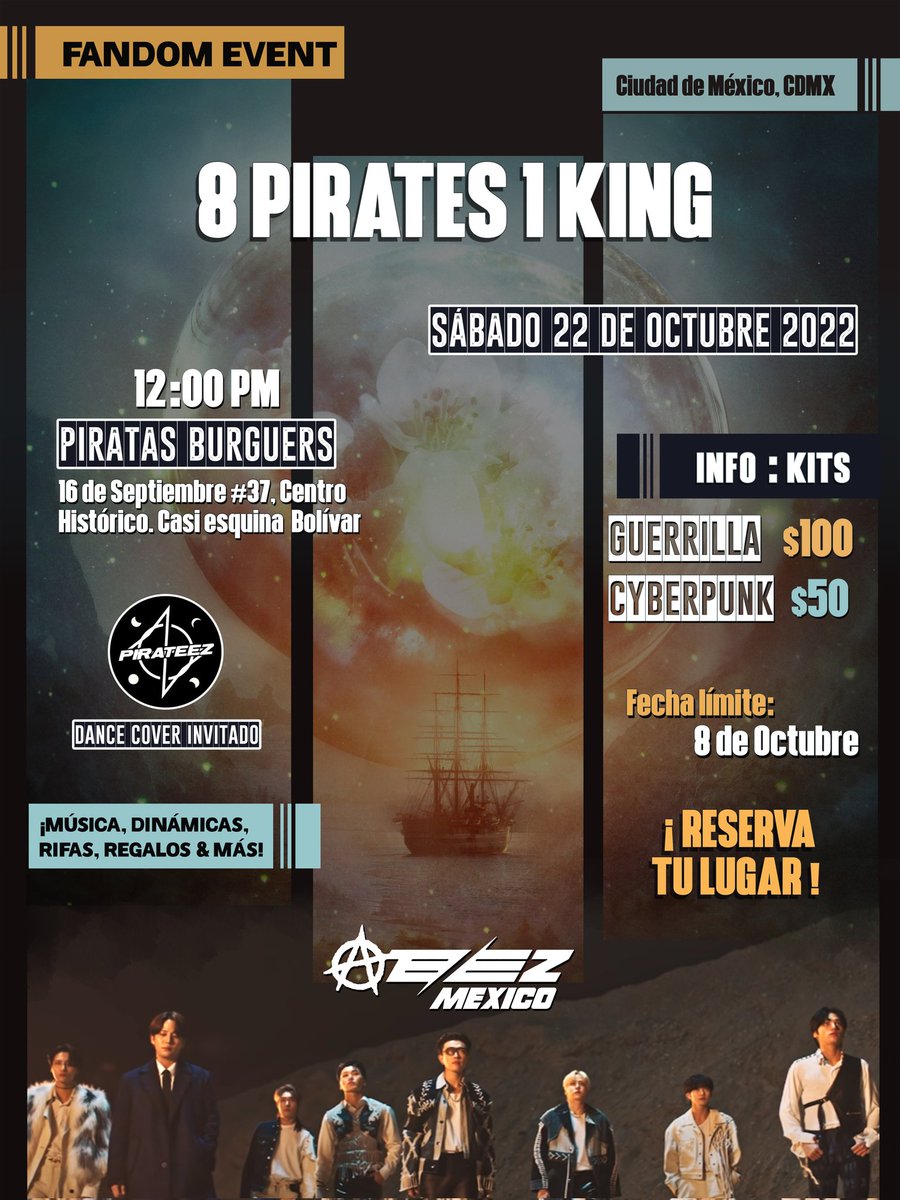 ateez_mexico's tweet photo. ⚓] 8 PIRATES 1 KING, CDMX

¡ATINY! Lxs invitamos este 22 de Octubre a festejar con nosotros el 4to aniversario de #ATEEZ y el cumpleaños de #Jongho 

En las imágenes se encuentra la información para poder adquirir su kit y apartar su lugar 

#에이티즈 @ATEEZofficial #종호 https://t.co/PDZpe2dbDA