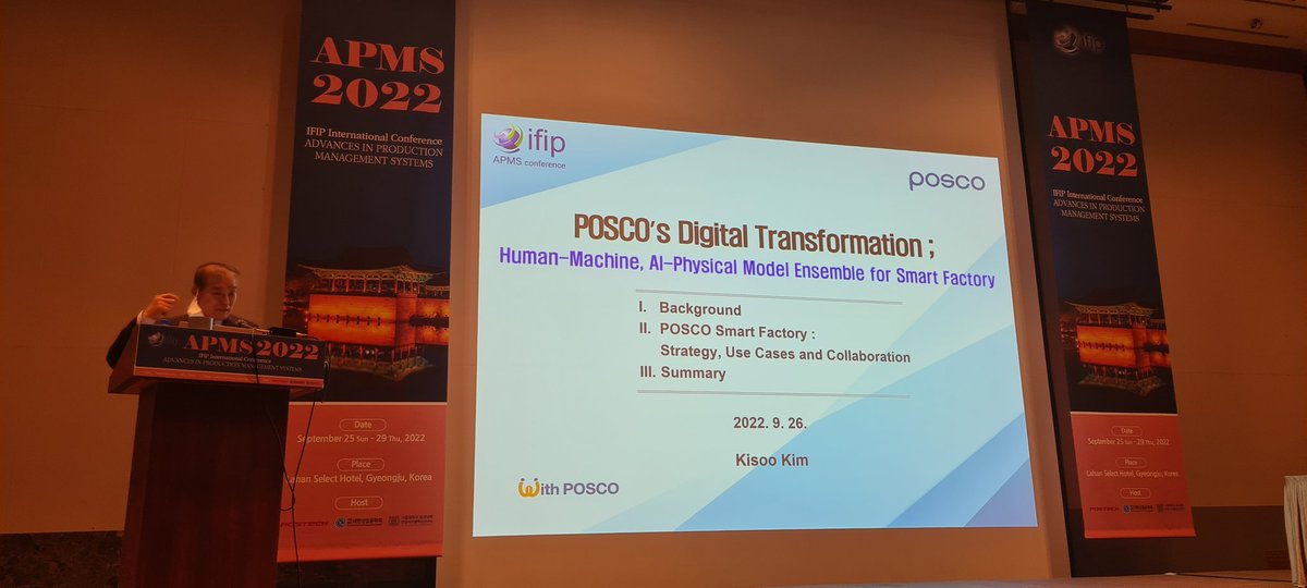 davidromero_mex's tweet photo. 2022 IFIP International Conference on Advances in #ProductionManagement Systems #APMS22 Keynote I: POSCO's Digital Transformation: Human-Machine Ensemble for Smart Factory #Operator40 #SmartSteelFactory https://t.co/JhTkV3ocAI