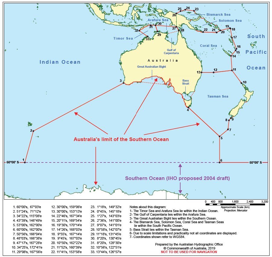 A favourite nomenclature dispute: the International Hydrographic Organization and the Australian Hydrographic Office don't agree what ocean is south of Australia. IHO says it is the Indian Ocean (inc. Bass Strait); AHO says Bass Strait is in Pacific/Tasman, rest is Southern Ocean