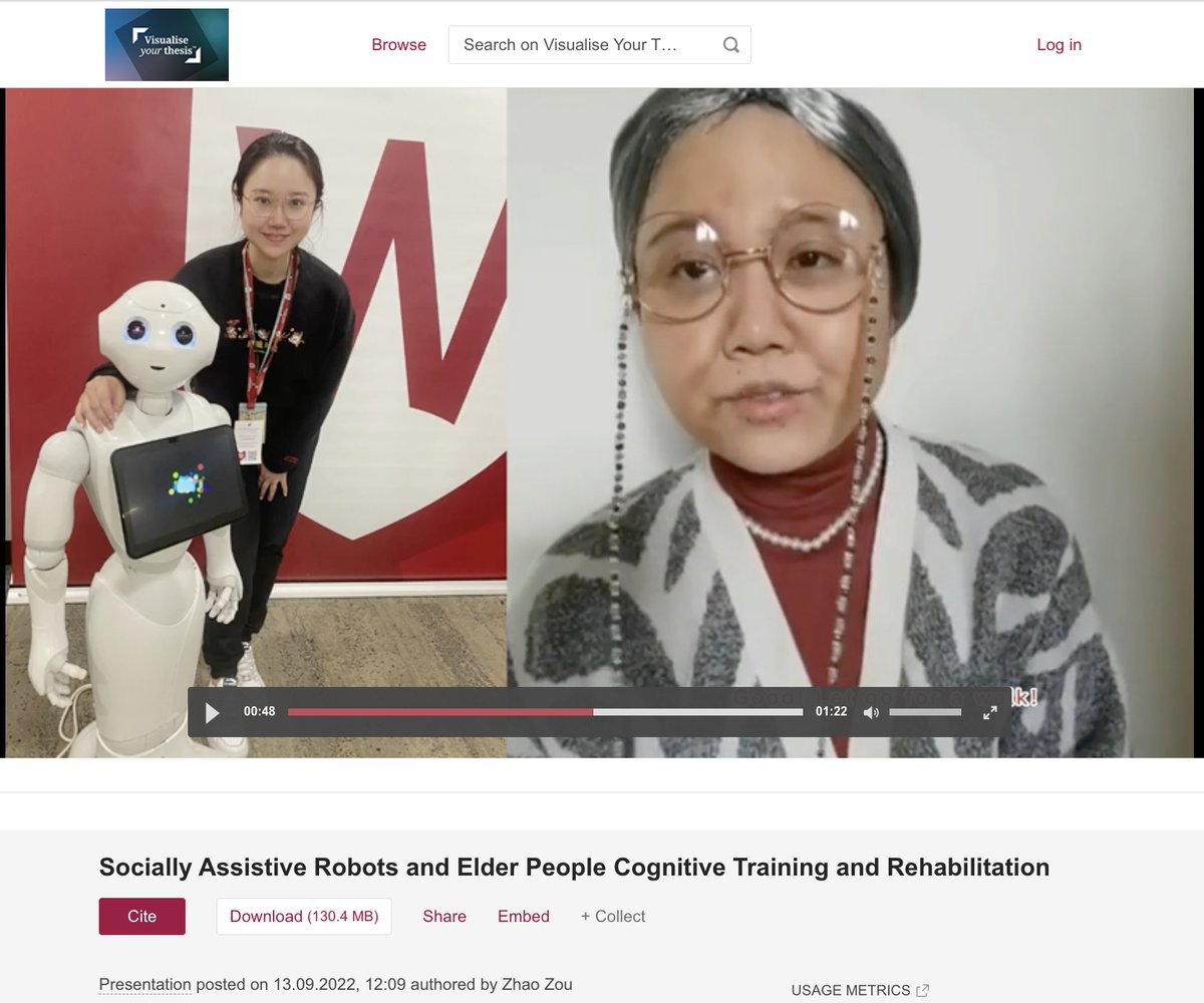 What do socially assistive #robots,  #OlderPeople, #CognitiveTraining & #Rehabilitation have in common?
 
Watch Zhao Zou's entry to find out: doi.org/10.6084/m9.fig…

Zhao Zou is representing @westernsydneyu @westsydunews 🤖👵👴🧓🗣️

@digitalsci @figshare @AeRO_eResearch #PhDLife