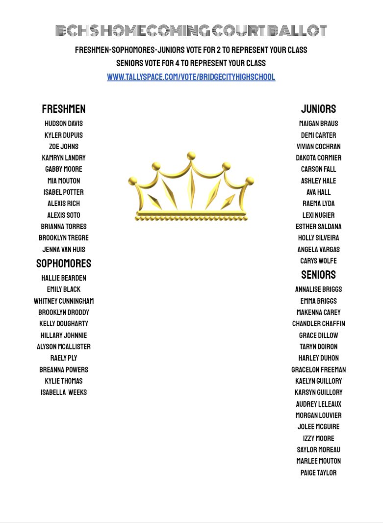HOMECOMING COURT BALLOT IS OPEN‼️. 9-10-11 Vote for 2 12- Vote for 4 Voting closes Thursday, 9/29- after lunch