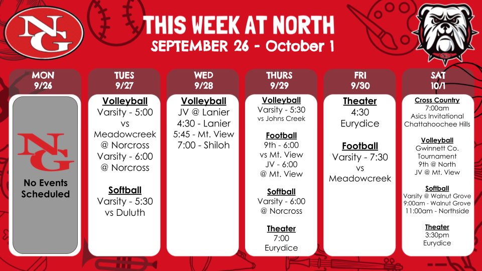 NGHS_Bulldogs's tweet photo. Come support your Dawgs this week!
🏐🥎🏈🎭🏃🏃‍♀️ #PROUDtobeNG https://t.co/tdRG4VPA2q
