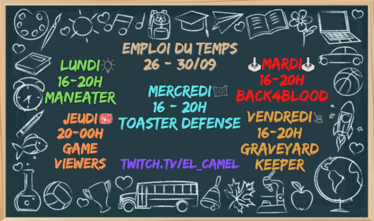 camel_streaming's tweet photo. Oasiennes / Oasiens !
Nouveau Planning de la semaine du 26 Sepetmbre !!
Venez vous régaler !!!
#twitch #twitchstreamer #twitchaffiliate #multiwitch #multistream #playwithfriends #Maneater #back4blood #toasterdefense #gameviewers #graveyardkeeper https://t.co/pBCTSUaVG8