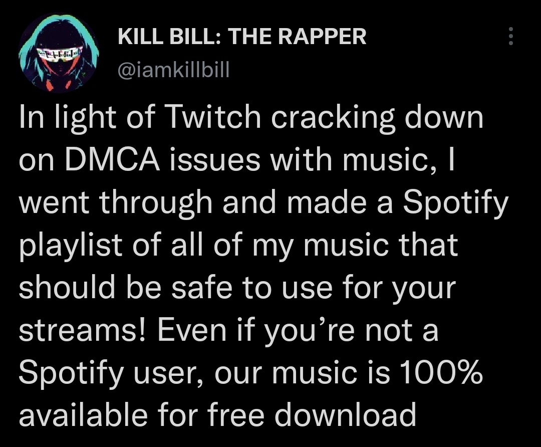 deltaYUN's tweet image. If you&apos;re looking for music to play on stream but don&apos;t want to skirt around the issue of live DMCA, try listening to these artists! They allow their music to be played on Twitch!

The Midnight: Synthwave
Kill Bill the Rapper: Rap
Good Kid: Pop Punk
bbno$: Rap