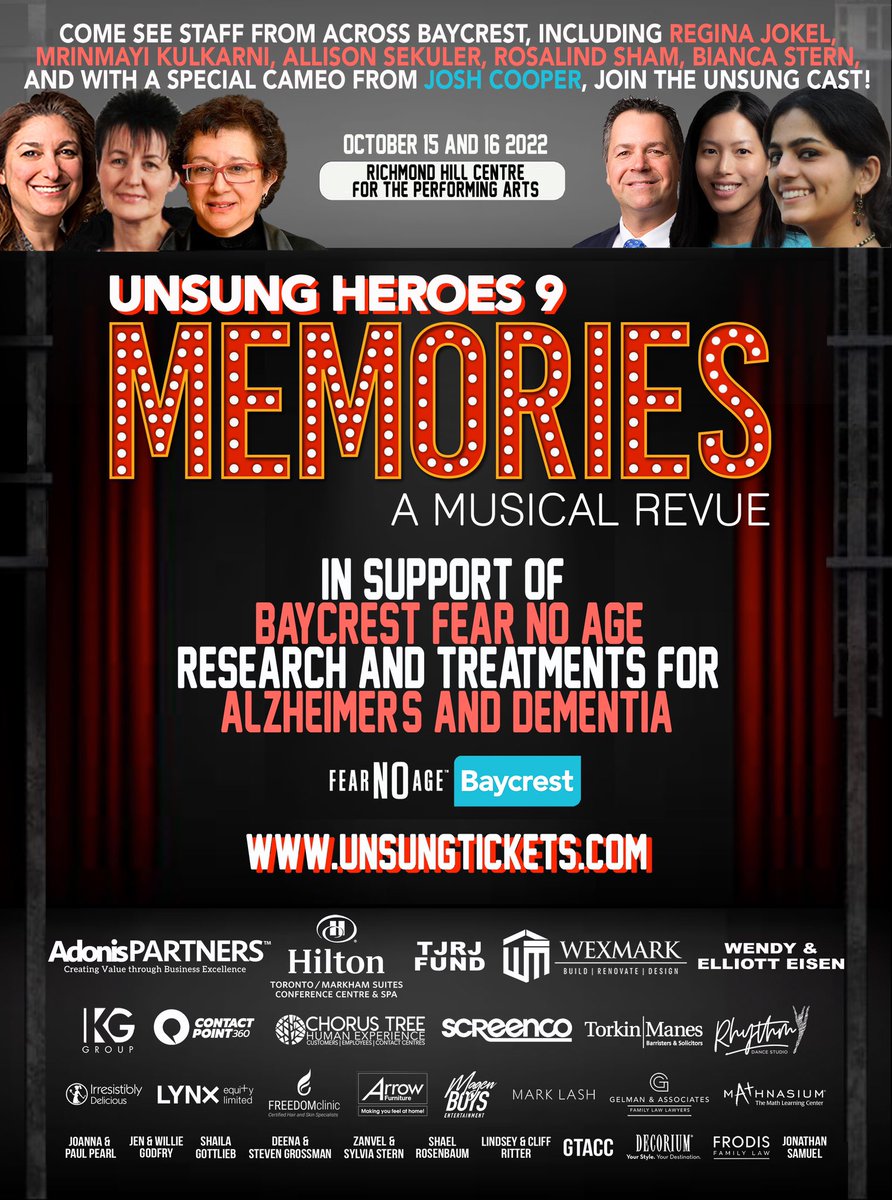 Dr Allison Sekuler 🧠 👁🥁🇨🇦 (@asek47) on Twitter photo Join me & colleagues from <a href="/rotmanresearch/">Rotman Research</a> @CABHI__ <a href="/SupportBaycrest/">Baycrest Foundation</a> Oct 15 & 16 as we sing, dance, and act in Memories: #UnsungHeroesProductions musical revue supporting <a href="/Baycrest/">Baycrest</a> #Alzheimers and #dementia research and treatment. To buy tickets or donate: unsungheroesproductions.com/onlinestore Join me & colleagues from <a href="/rotmanresearch/">Rotman Research</a> @CABHI__ <a href="/SupportBaycrest/">Baycrest Foundation</a> Oct 15 & 16 as we sing, dance, and act in Memories: #UnsungHeroesProductions musical revue supporting <a href="/Baycrest/">Baycrest</a> #Alzheimers and #dementia research and treatment. To buy tickets or donate: unsungheroesproductions.com/onlinestore